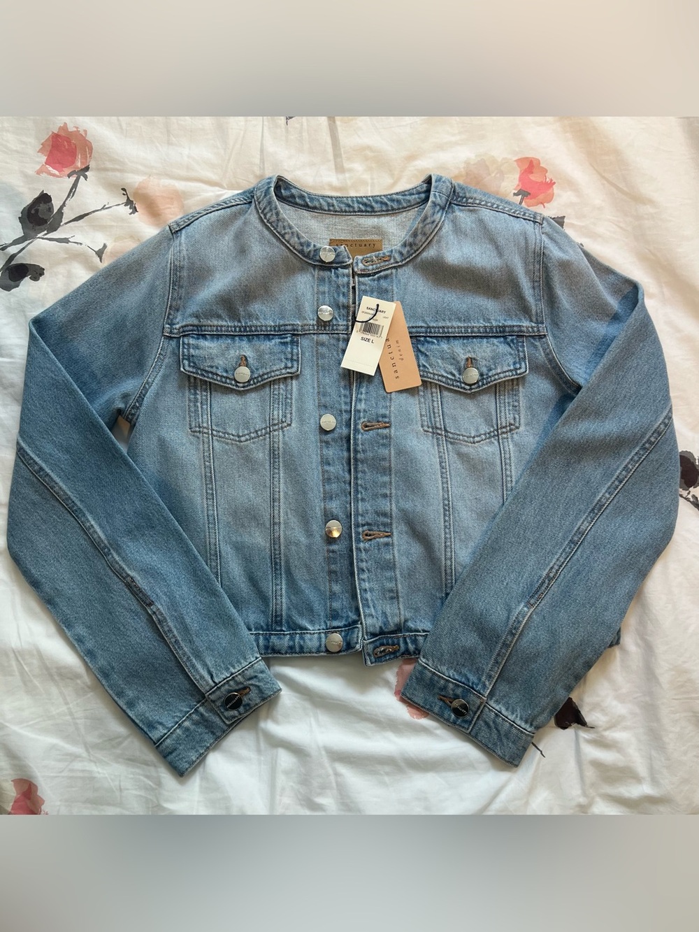 BNWT Sanctuary Light Wash 100% Cotton Denim Jacket -Round Collarless Neck Button
